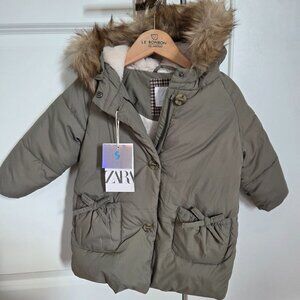 Zara girls coat 18-24 months khaki olive green faux fur